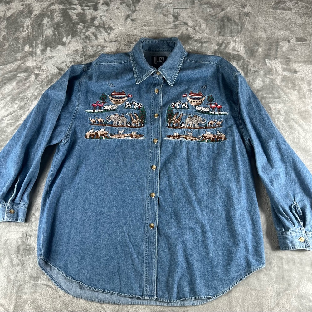 Vintage Quizz Women's Sz 20 Denim Long Sleeve Shirt Noah's Arch Embroidered
